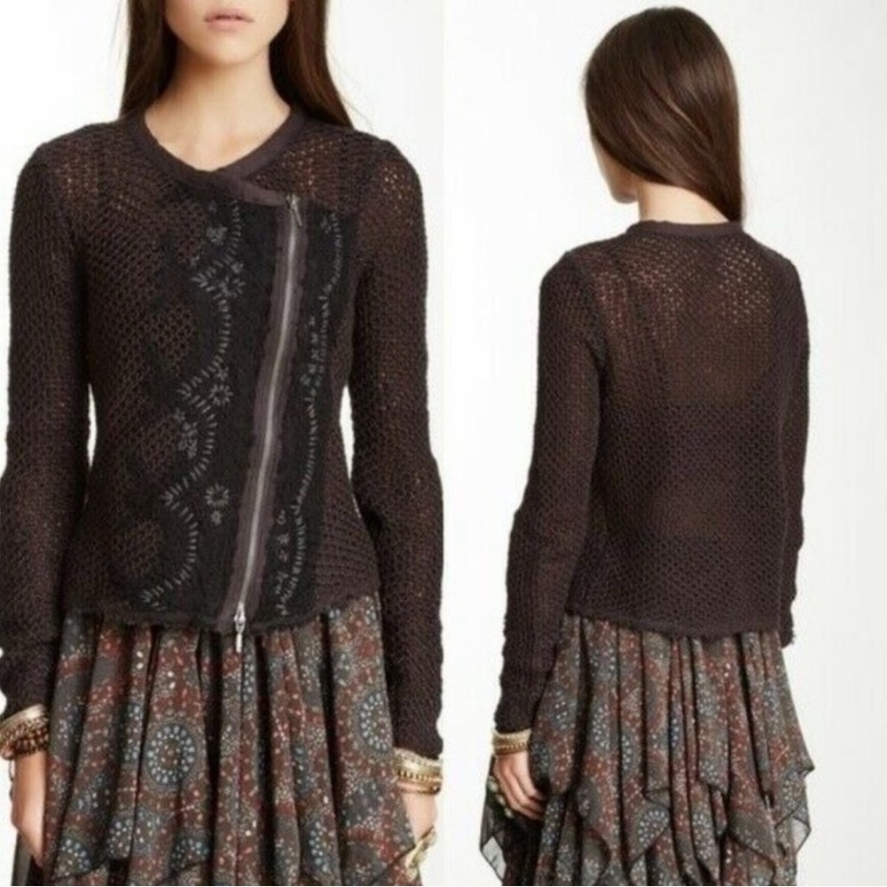 NEW Free People Femme Fatale Knit Moto Zip Cardigan Open Knit Sweater Small